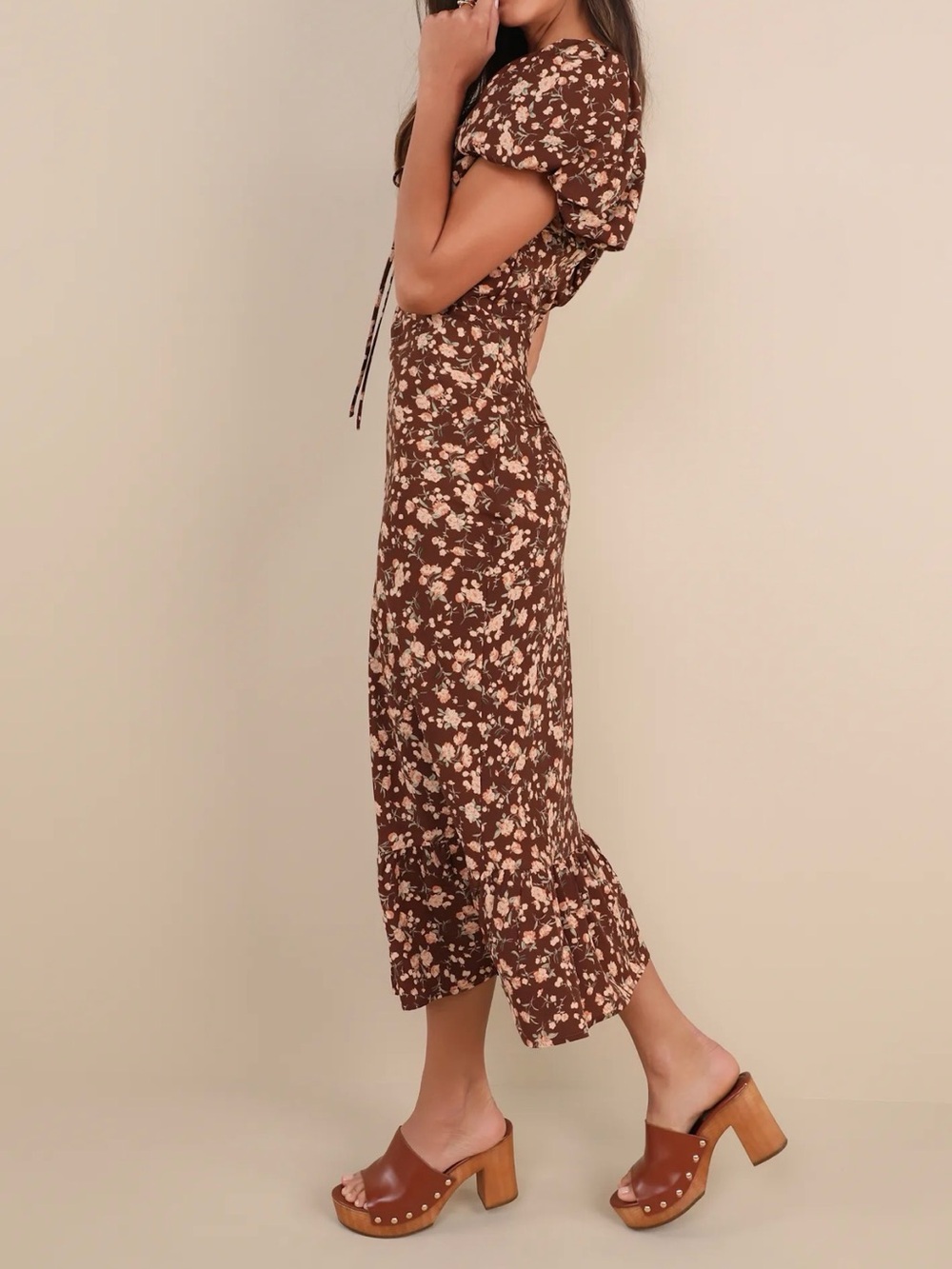 Lulu's Brown Floral Square-Neck Puff Sleeve Midi Dress - Picture 3 of 8